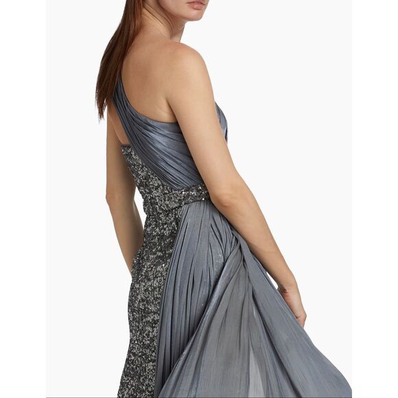 Badgley Mischka One-Shoulder Embellished Cocktail Dress in Pewter US 12 $595 - Picture 5 of 12